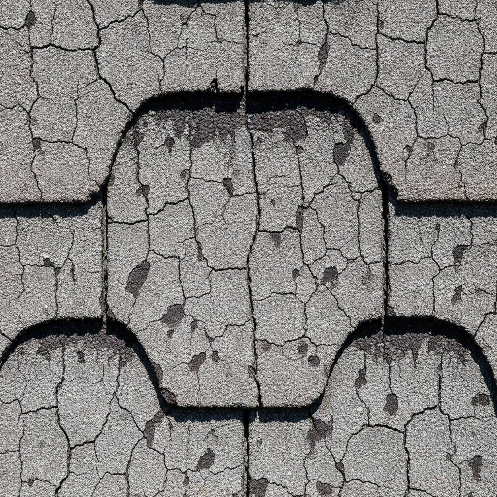 Dried-out asphalt shingles, cracked and curling at the edges